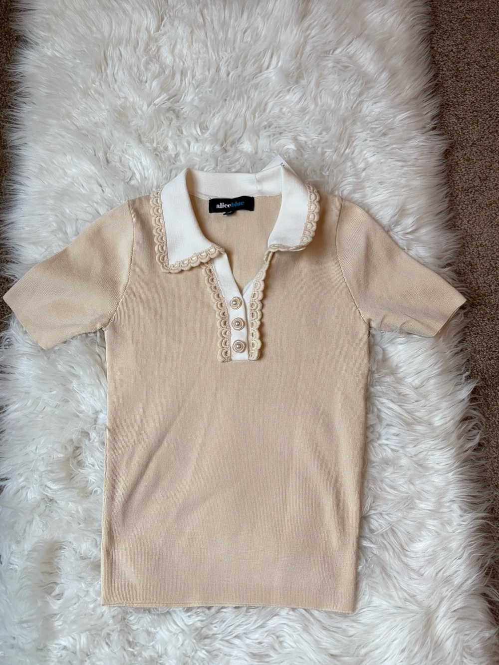 Cream Knit Polo Lace Trim Collar Button Front  Top
